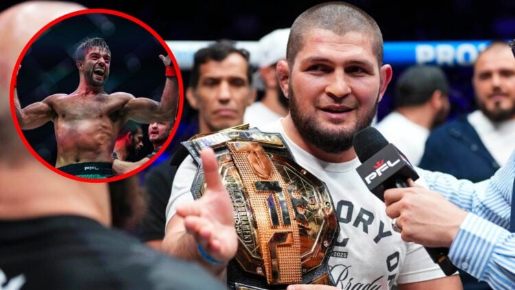 Khabib Nurmagomedov holds a PFL title while speaking after Movlid Khaybulaev's win, inset Alfie Davis celebrates after beating Gadzhi Rabadanov at ...