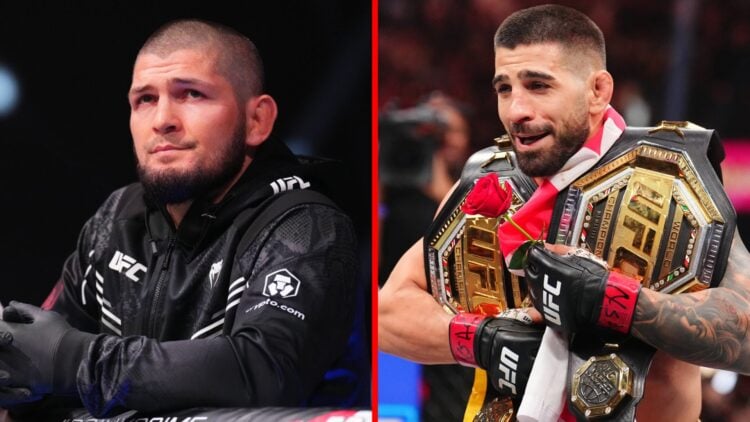 Khabib Nurmagomedov coaching at UFC Abu Dhabi, Ilia Topuria celebrates becoming a two-weight UFC champion.