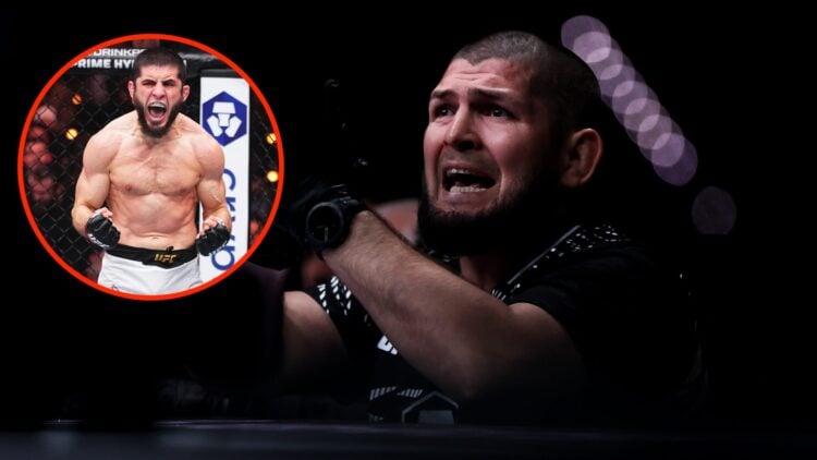 Khabib Nurmagomedov shouts advice at UFC Baku with an inset of Islam Makhachev celebrating UFC 311 win