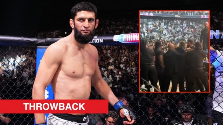 Khamzaat Chimaev prepares to fight at UFC 308, inset screenshot of his cageside brawl at UFC 280.