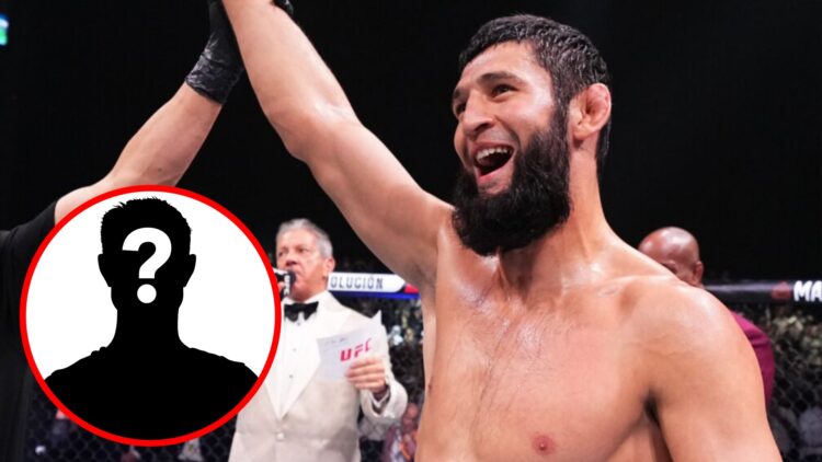 Khamzat Chimaev celebrates after beating Robert Whittaker at UFC 308, inset mystery icon