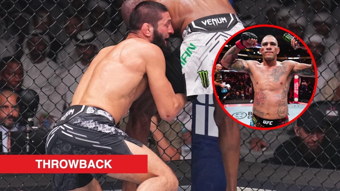 Main: Khamzat Chimaev attempts to take Kamaru Usman down during their fight at UFC 294. Inset: Alex Pereira immediately after his UFC 313 loss to M...