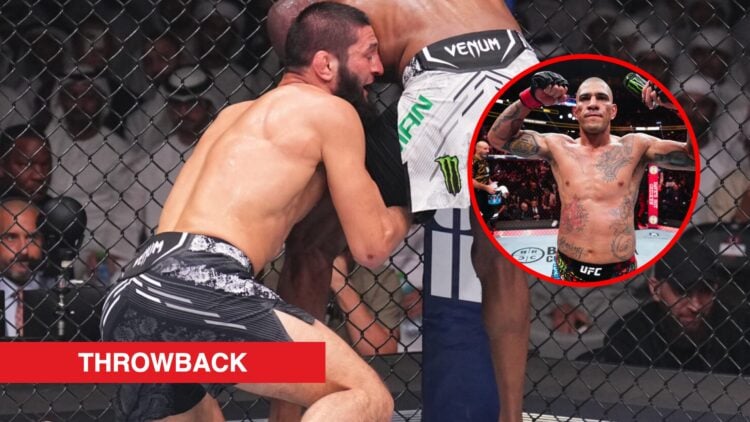 Main: Khamzat Chimaev attempts to take Kamaru Usman down during their fight at UFC 294. Inset: Alex Pereira immediately after his UFC 313 loss to M...