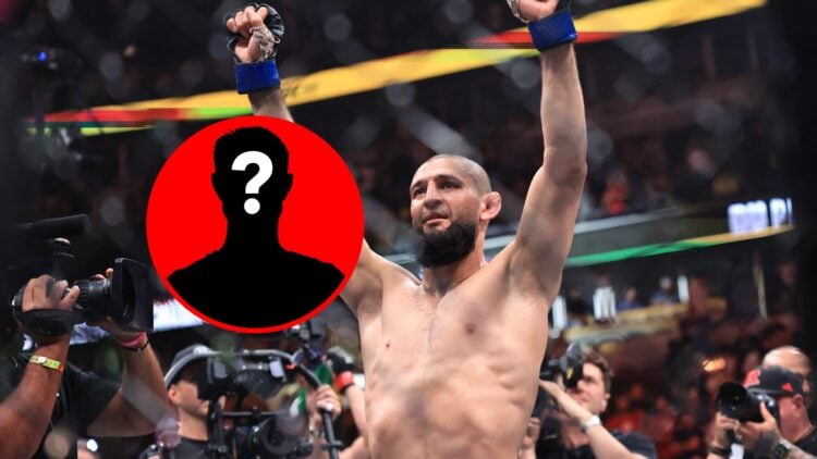 Khamzat Chimaev celebrates UFC 319 title win, with mystery inset