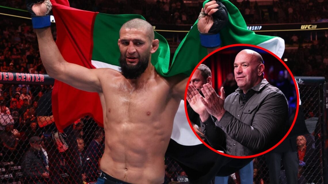 Main: Khamzat Chimaev celebrates after beating Dricus du Plessis in their title fight at UFC 319. Inset: Dana White claps while watching a fight at...