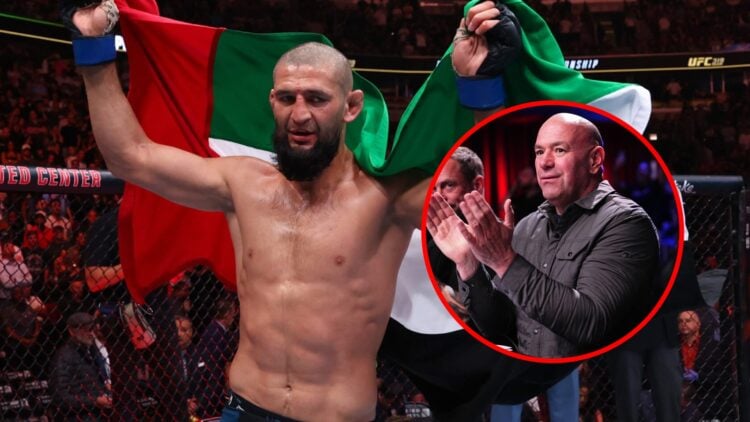 Main: Khamzat Chimaev celebrates after beating Dricus du Plessis in their title fight at UFC 319. Inset: Dana White claps while watching a fight at...