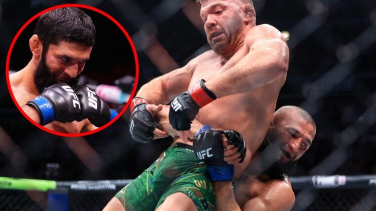 Khamzat Chimaev lifts Dricus du Plessis at UFC 319, inset Chimaev prepares to face Robert Whittaker at UFC 308
