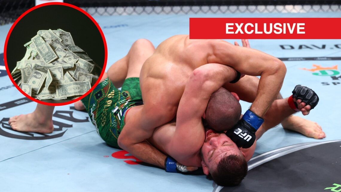Khamzat Chimaev wrestles Dricus du Plessis at UFC 319. Inset of dollar bills. Exclusive label.