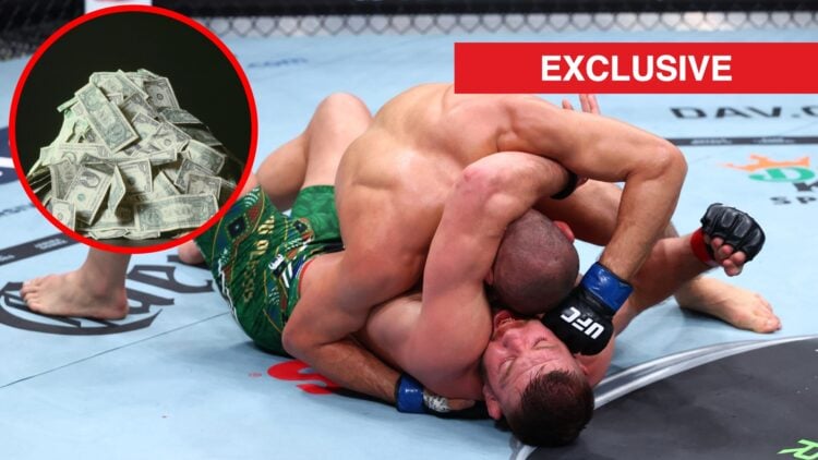 Khamzat Chimaev wrestles Dricus du Plessis at UFC 319. Inset of dollar bills. Exclusive label.