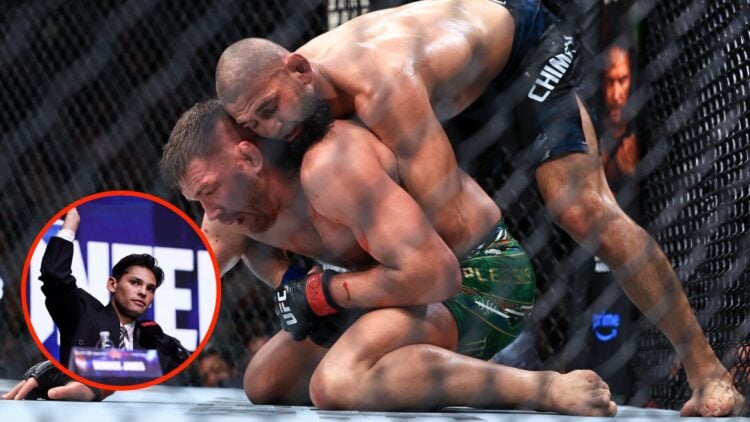 Khamzat Chimaev controls Dricus Du Plessis during UFC 319 title fight with an inset of Ryan Garcia