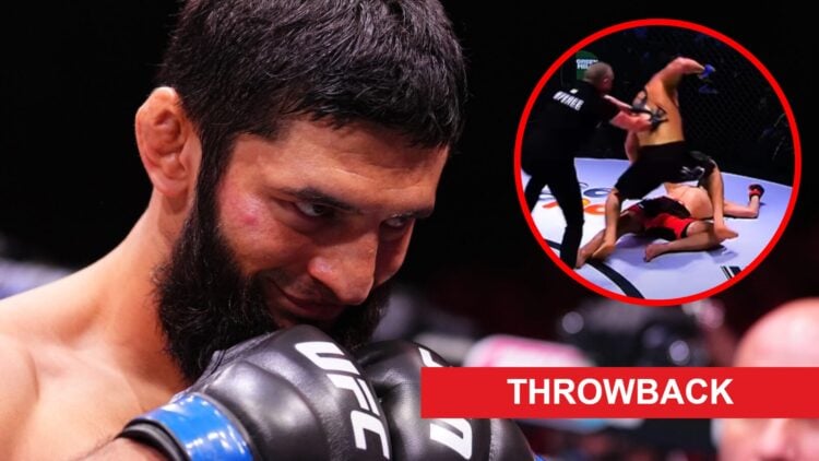 Khamzat Chimaev prepares to face Robert Whittaker at UFC 308, inset Chimaev stops Ikram Aliskerov at Brave CF 23, throwback banner