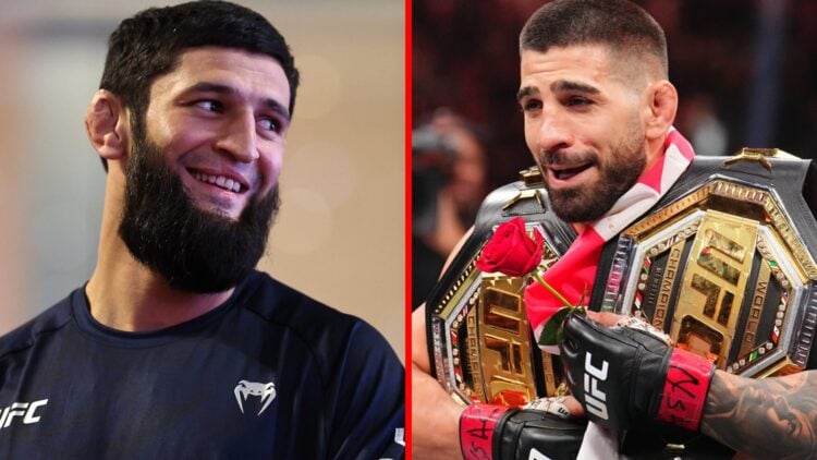 Khamzat Chimaev at his UFC 308 open workout, Ilia Topuria celebrates his UFC 317 win