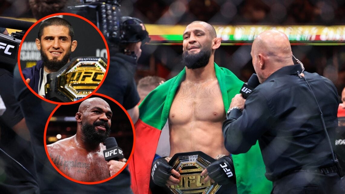 Khamzat Chimaev talks to Joe Rogan following UFC 319 with insets of Islam Makhachev and Jon Jones