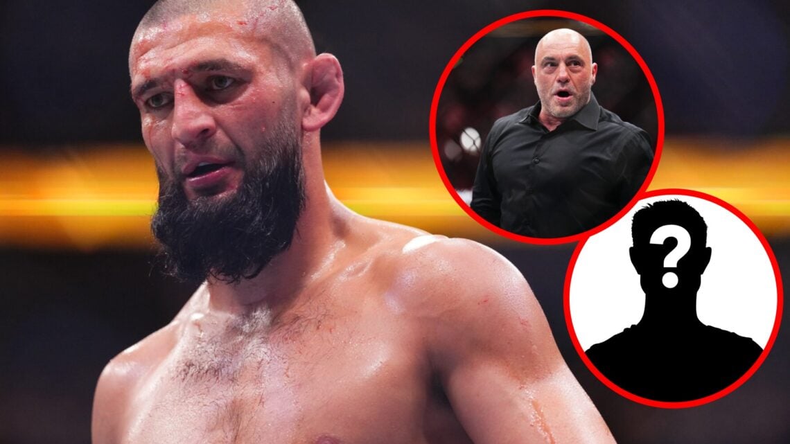 Khamzat Chimaev looks on during his fight with Dricus du Plessis at UFC 319, inset Joe Rogan reacts to Max Holloway's win over Justin Gaethje at UF...