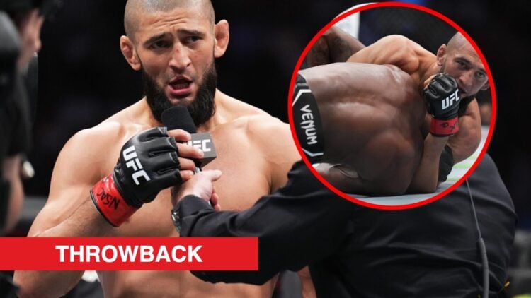 Khamzat Chimaev speaks to Joe Rogan after his UFC 279 win, inset of him submitting Kevin Holland.
