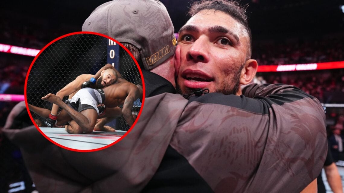 Main: Johnny Walker hugs coach Eric Nicksick after his win over Zhang Mingyang at UFC Shanghai. Inset: Khamzat Chimaev takes down Kevin Holland in ...