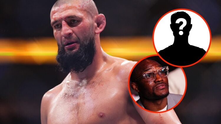 Khamzat Chimaev at the end of round four during his UFC 319 title fight with an inset of Kamaru Usman and a mystery fighter
