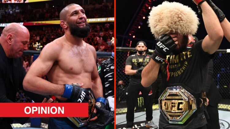 Khamzat Chimaev is presented with the UFC title by Dana White split with Khabib Nurmagomedov following his UFC 254 win