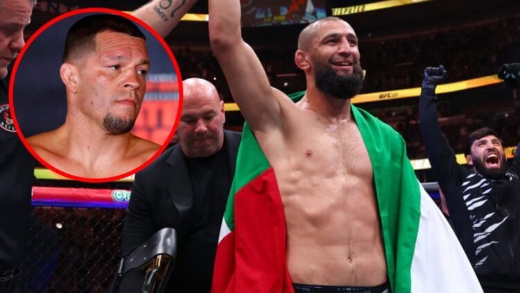 Khamzat Chimaev gets his hand raised after beating Dricus du Plessis at UFC 319, inset Nate Diaz looks on during the weigh-in for his boxing match ...