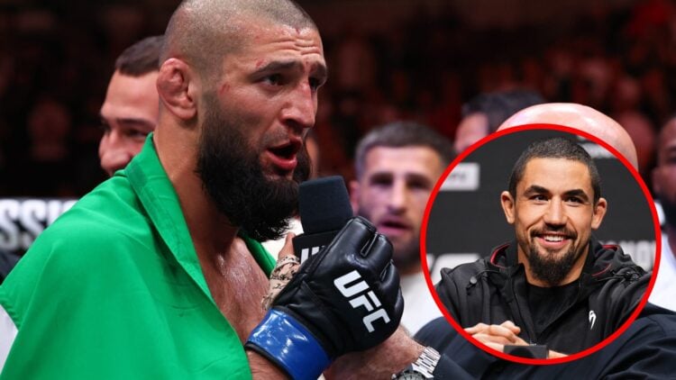 Khamzat Chimaev speaks to Joe Rogan after beating Dricus du Plessis at UFC 319, inset Robert Whittaker on stage at the UFC 298 press conference