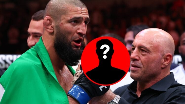 Khamzat Chimaev with Joe Rogan at UFC 319, with mystery inset