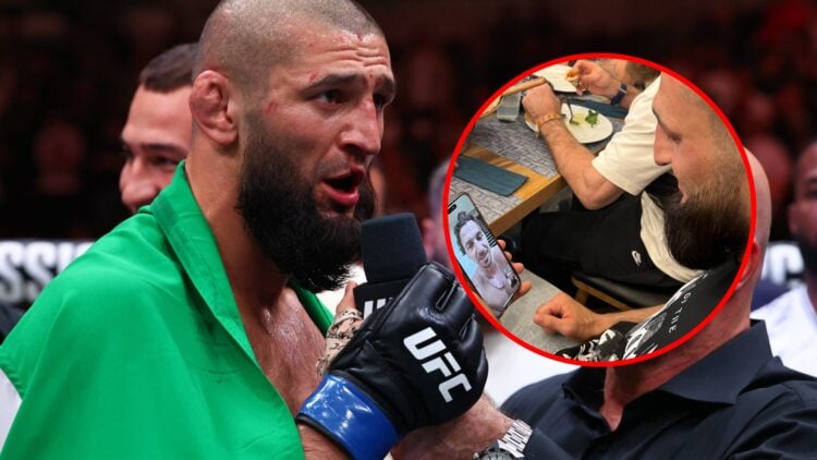 Main: Khamzat Chimaev is interviewed by Joe Rogan following his win over Dricus du Plessis at UFC 319. Inset: Khamzat Chimaev speaks to Zlatan Ibra...
