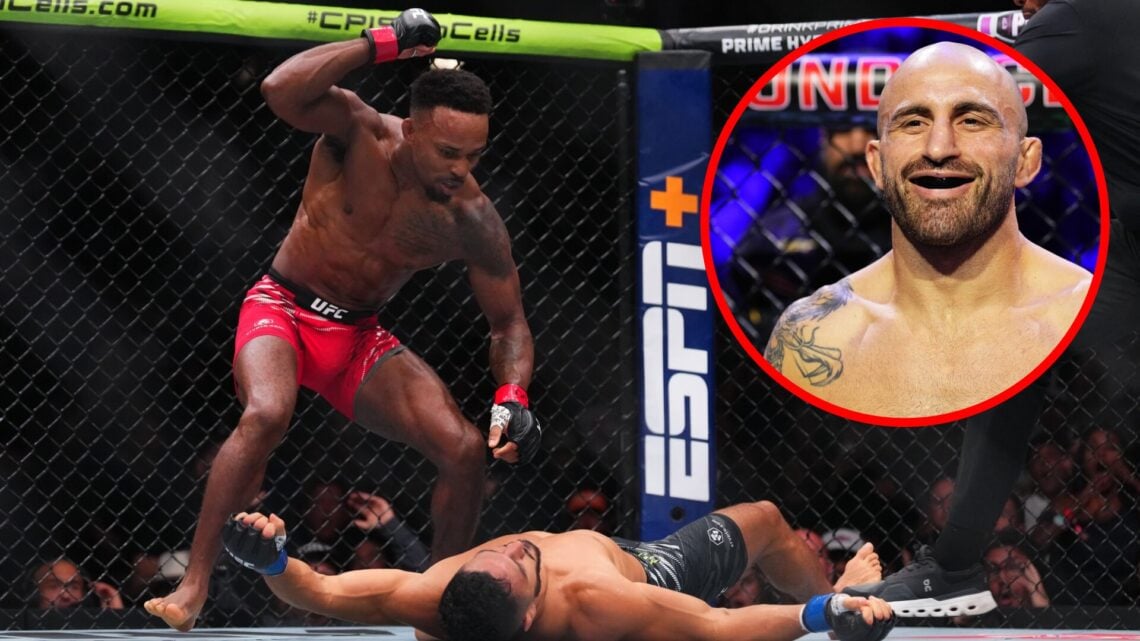 Lerone Murphy stands over Aaron Pico at UFC 319, inset Alexander Volkanovski prepares to face Ilia Topuria at UFC 298