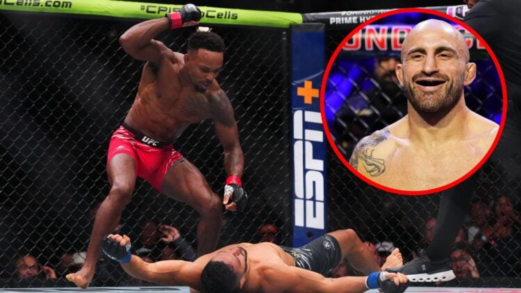 Lerone Murphy stands over Aaron Pico at UFC 319, inset Alexander Volkanovski prepares to face Ilia Topuria at UFC 298