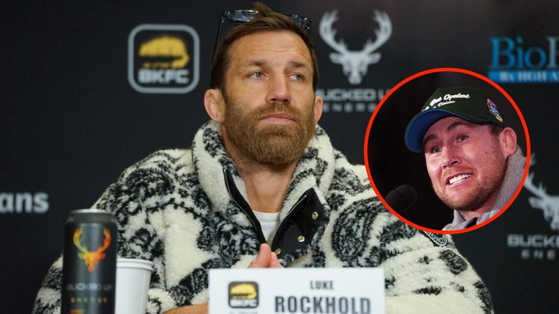 Center: Luke Rockhold attends a pre-fight press conference for his fight with Mike Perry at BKFC 41. Insert: Darren Till speaks on stage during his...