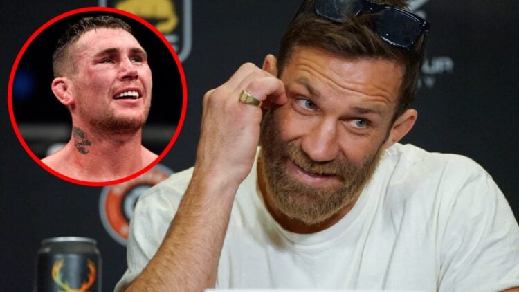Luke Rockhold on stage at the BKFC 41 press conference, inset Darren Till reacts after fighting Robert Whittaker in Abu Dhabi