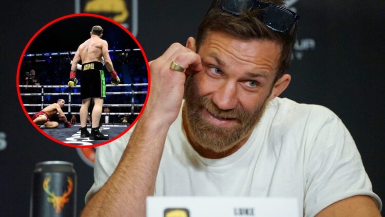 Main: Luke Rcokhold on stage at the BKFC 41 press conference. Inset: Darren Till drops Luke Rockhold during their Misfits 22 main event.