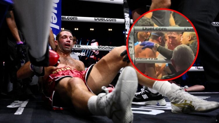 Main: Luke Rockold after being knocked out by Darren Till. Inset: Luke Rockhold is given an oxygen mask as Darren Till checks on him after their fi...