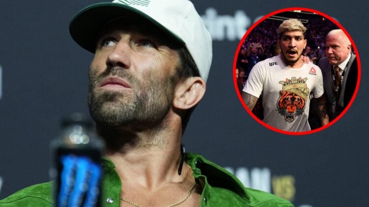 Luke Rockhold on stage at the UFC 278 press conference, inset Dillon Danis gets escorted out of UFC 229 following a brawl with Khabib Nurmagomedov