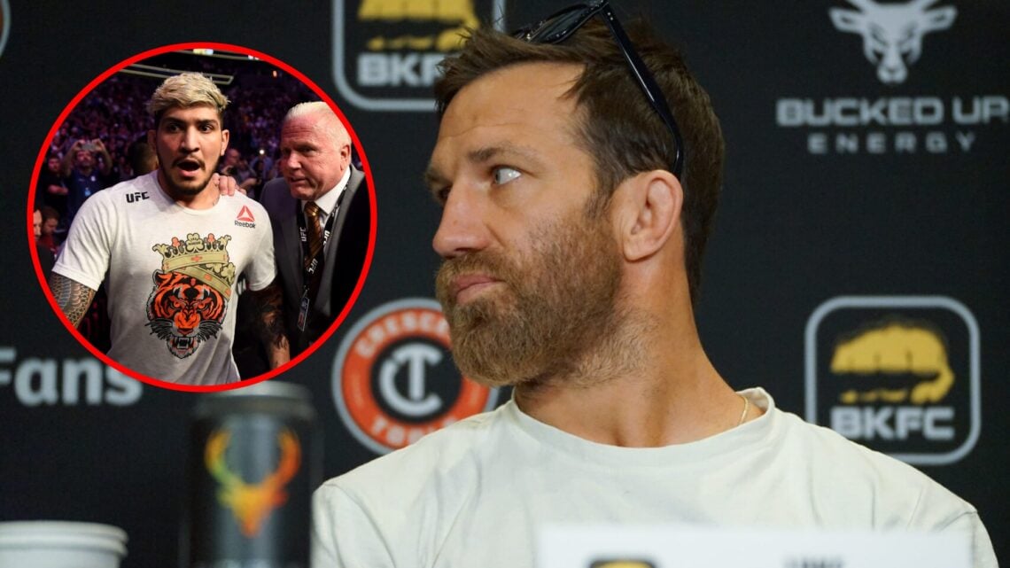 Main: Luke Rockhold on stage during the BKFC 41 pre-fight press conference. Inset: Dillon Danis looks shocked after being attacked by Khabib Nurmag...
