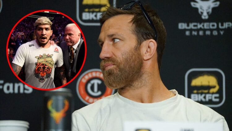 Main: Luke Rockhold on stage during the BKFC 41 pre-fight press conference. Inset: Dillon Danis looks shocked after being attacked by Khabib Nurmag...