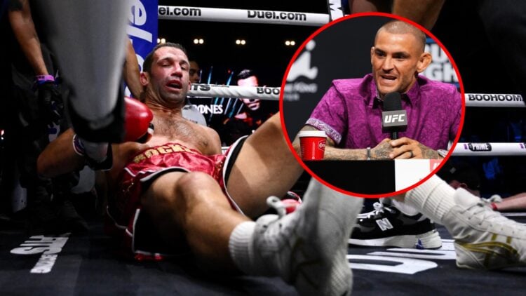 Main: Luke Rockold after being knocked out by Darren Till at Misfits Boxing 22. Inset: Dustin Poirier on stage at the UFC 318 press conference.