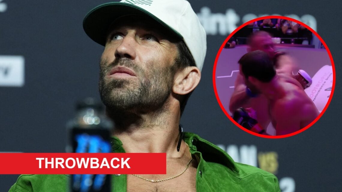 Luke Rockhold on stage at the UFC 278 press conference, inset Rockhold knocks out Joe Schilling at Karate Combat 45