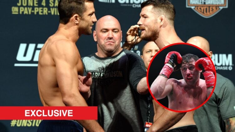 Main: Luke Rockhold and Michael Bisping face off at the UFC 199 ceremonial weigh-ins. Inset: Darren Till fights Anthony Taylor at the Misfits Boxin...