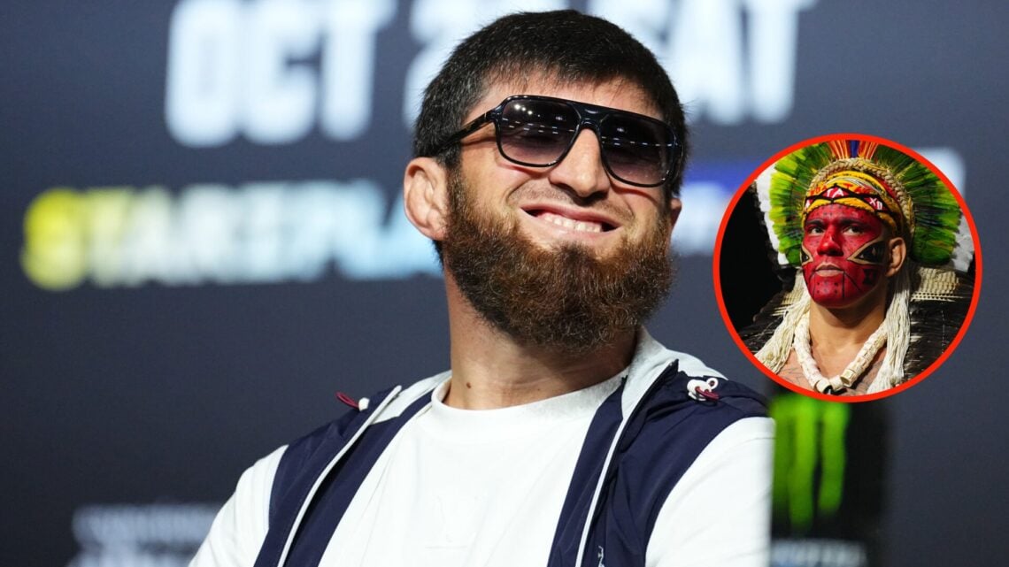Center: Magomed Ankalaev smiles during a pre-fight press conference ahead of UFC 308 in October, 2024. Insert: Alex Pereira attends the ceremonial ...