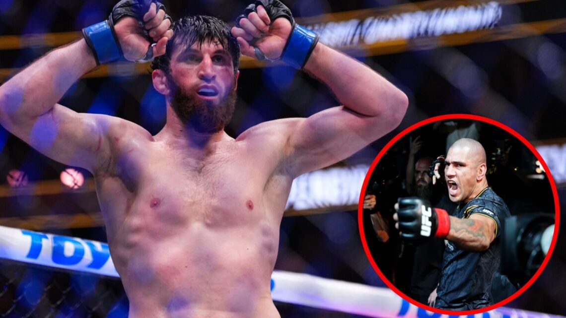 Magomed Ankalaev reacts after beating Alex Pereira at UFC 313, inset Pereira poses while walking to the Octagon at UFC 300