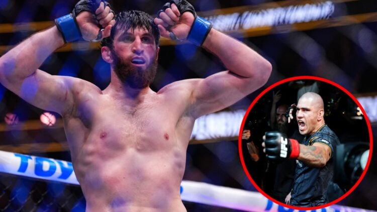 Magomed Ankalaev reacts after beating Alex Pereira at UFC 313, inset Pereira poses while walking to the Octagon at UFC 300