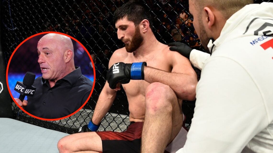 Magomed Ankalaev sats in the octagon with his coach after losing to Paul Craig and Joe Rogan commentates cageside at UFC 317 in Las Vegas