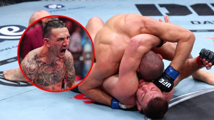 Main: Khamzat Chimaev punches Dricus du Plessis on the ground during their title fight at UFC 319. Inset: Max Holloway celebrates after knocking Ju...