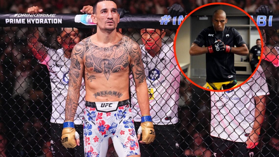 Max Holloway moments before his UFC 308 fight against Ilia Topuria with an inset of Edson Barboza backstage before his UFC Kansas City fight