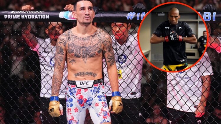 Max Holloway moments before his UFC 308 fight against Ilia Topuria with an inset of Edson Barboza backstage before his UFC Kansas City fight
