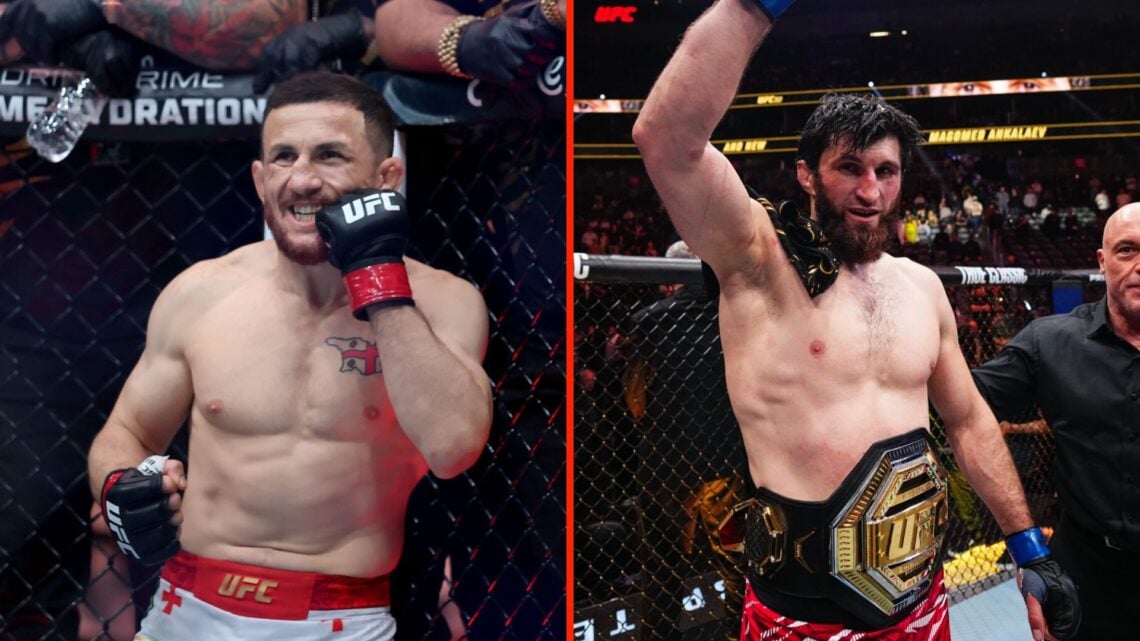 Merab Dvalishvili in the corner ahead of his UFC 316 fight against Sean O'Malley and Magomed Ankalaev celebrates his win at UFC 313 next to Dana White