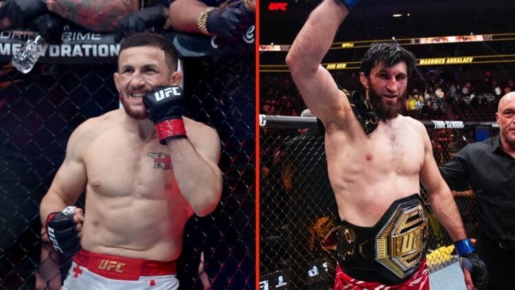 Merab Dvalishvili in the corner ahead of his UFC 316 fight against Sean O'Malley and Magomed Ankalaev celebrates his win at UFC 313 next to Dana White