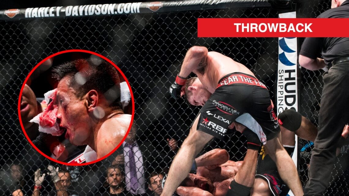 Main: Michael Bisping punches Cung Le on the ground during their fight at UFC Macau. Inset: Cung Le on the stool between rounds in his fight agains...