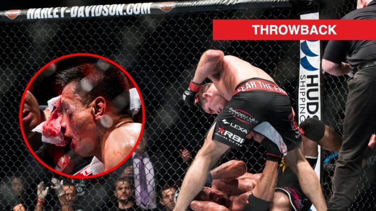 Main: Michael Bisping punches Cung Le on the ground during their fight at UFC Macau. Inset: Cung Le on the stool between rounds in his fight agains...