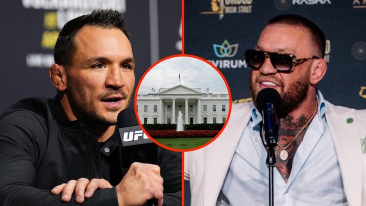 Michael Chandler on the mic at UFC 314 split with Conor McGregor at the BKFC Summit Press conference with an inset of the White House